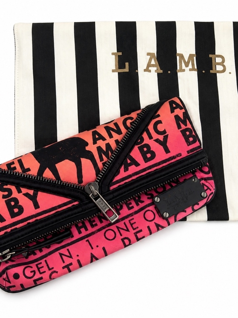 L.A.M.B. by Gwen Stefani Pink Graphic Zip PVC Clutch Y2K Rare